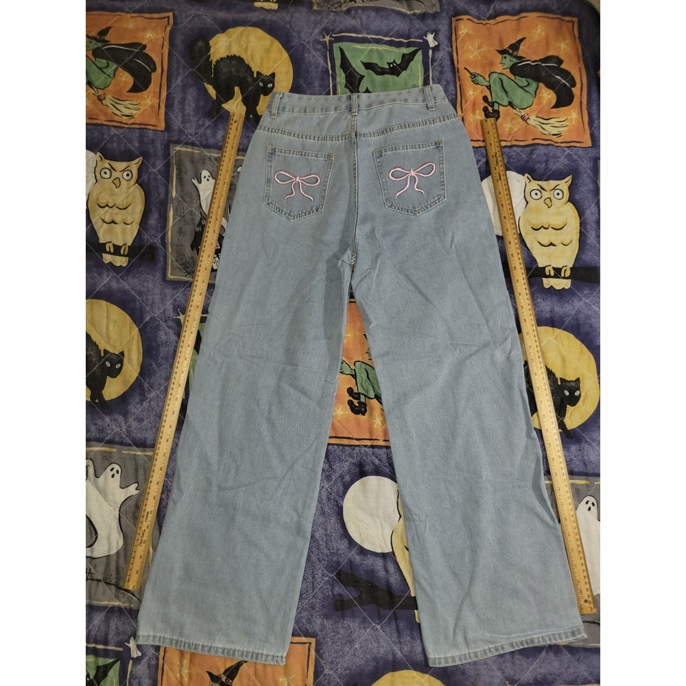 Nova‎ Blue Jeans Wide Leg Light Blue Pink Ribbon Pockets Women's Medium 27x29
